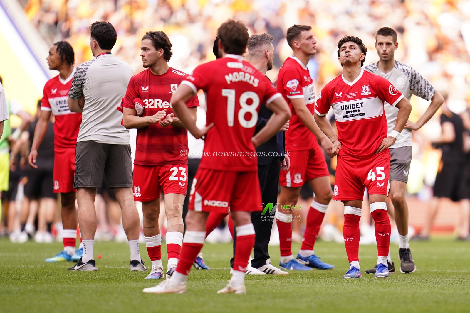 Middlesbrough players dejected at full time during the Sky Bet Championship Playoffs Final match Hull City vs Middlesbrough at Wembley Stadium, London, United Kingdom on 23 May 2026

(Photo by Harvey Murphy/News Images)