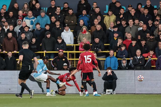 Reigan Heskey of Manchester City U18's scores to make it 2-1 during the FA Youth Cup Final match Manchester City U18 vs Manchester United U18 at Joie Stadium, Manchester, United Kingdom on 14 May 2026

(Photo by Mark Cosgrove/News Images)