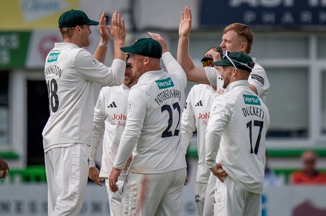 Lyndon James celebrates the wicket of Jake Weatherald during the County Championship Division One day 3 Leicestershire vs Nottinghamshire at Grace Road, Leicester, United Kingdom on 03 May 2026

(Photo by Maynard Manyowa/News Images)