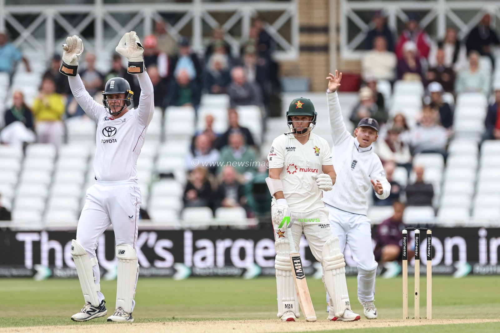 Appeals for LBW by Jamie Smith of England on Ben Curran of Zimbabwe are cut short as the video referee rules him not out during the Rothesay Test Match Day 3 England vs Zimbabwe at Trent Bridge, Nottingham, United Kingdom, 24th May 2025

(Photo by Mark Cosgrove/News Images)