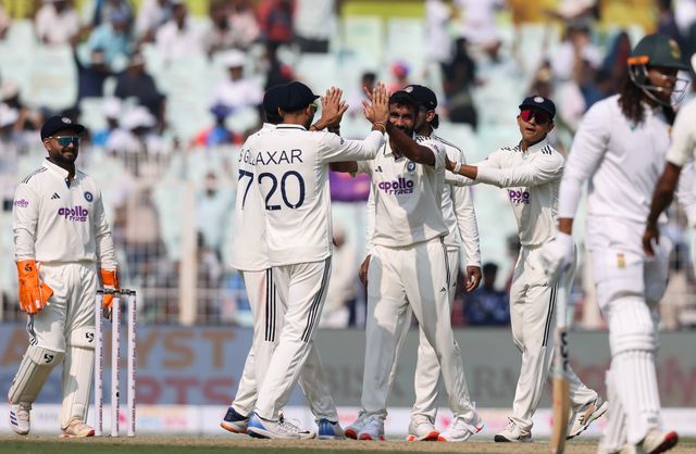 Jasprit Bumrah of India celebrates wicket of Tony de Zorzi Of South Africa , Axar Patel of India , Yashasvi Jaiswal of India , Rishabh Pant (Vice Captain) of India  during the IDFC First Bank Test match day 1 India vs South Africa at Eden Gardens, Kolkata, India, 14th November 2025

(Photo by Shubhajit Roy Karmakar/News Images)