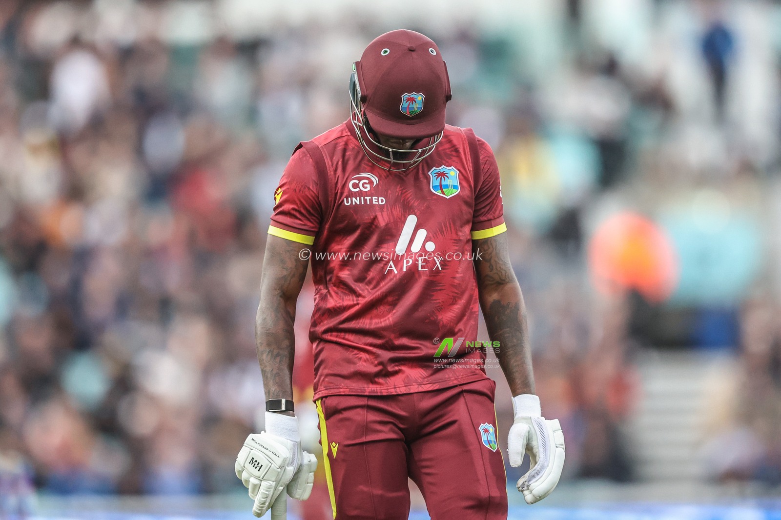 Alzarri Joseph of West Indies leaves the field of play after being caught out by Matthew Potts of England during the 3rd Metro Bank ODI England v West Indies at The Kia Oval, London, United Kingdom, 3rd June 2025

(Photo by Alfie Cosgrove/News Images)