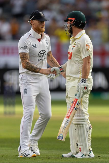Travis Head of Australia is congratulated by Ben Stokes (c) of England for a brilliant innings after he got out during the NRMA Insurance Ashes First Test Day 2 Australia vs England at Optus Stadium, Perth, Australia, 22nd November 2025

(Photo by Santanu Banik/News Images)

*** GER AUT SUI OUT ***