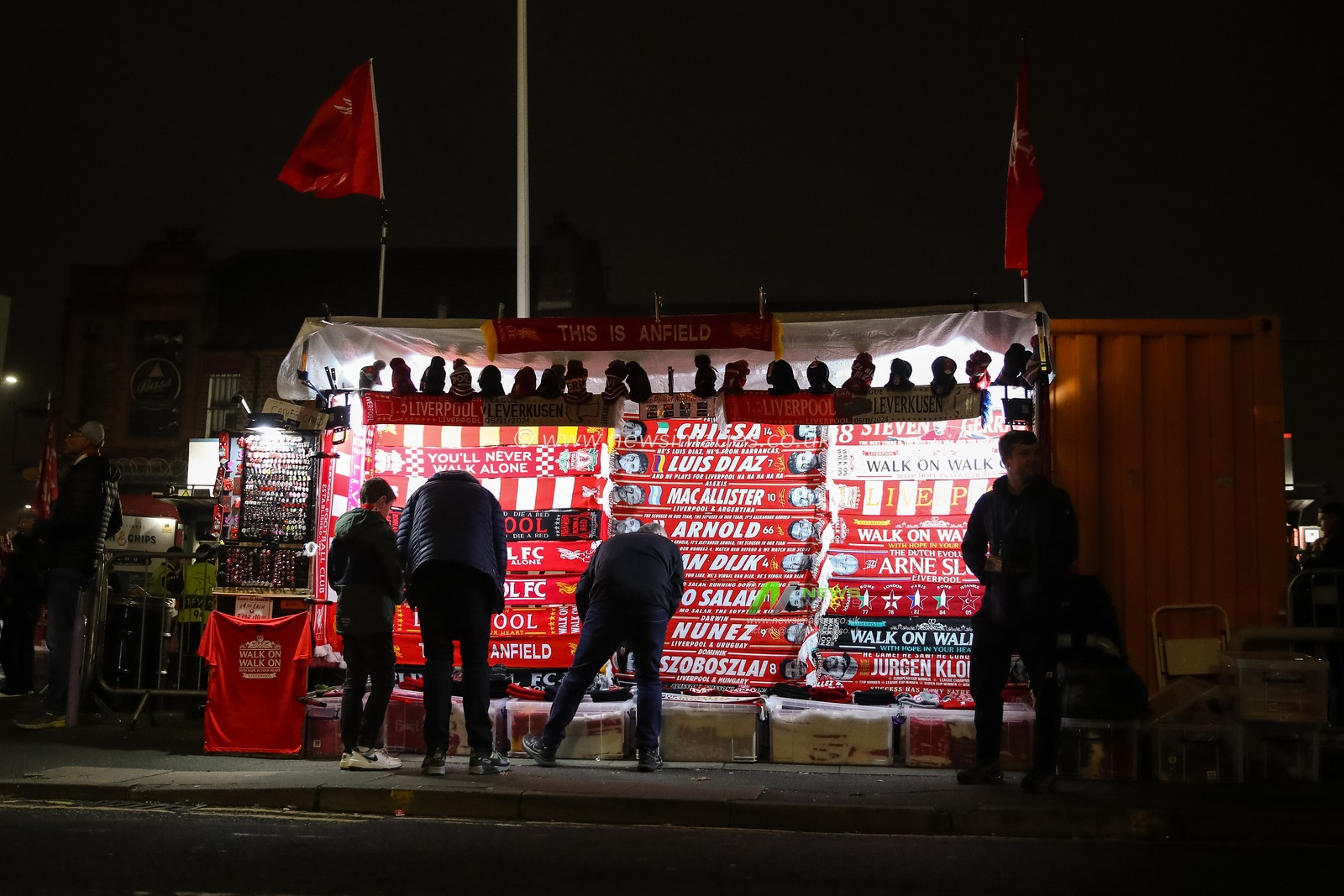 Liverpool FC memorabilia on sale outside Anfield during the UEFA Champions League, League Stage match Liverpool vs Bayer 04 Leverkusen at Anfield, Liverpool, United Kingdom, 5th November 2024

(Photo by Gareth Evans/News Images)