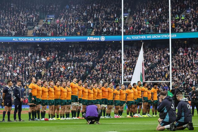 Australia team sing their national anthem during the Quilter Nations Series 2025 match England vs Australia at Allianz Stadium, Twickenham, United Kingdom, 1st November 2025

(Photo by Mark Cosgrove/News Images)

*** GER AUT SUI OUT ***
