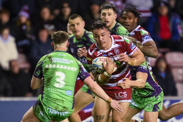 Tyler Dupree of Wigan Warriors in action during the Betfred Super League Round 8 match Wigan Warriors vs Castleford Tigers at DW Stadium, Wigan, United Kingdom, 19th April 2024

(Photo by Craig Thomas/News Images)