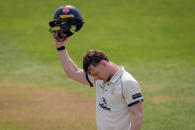 Brooke Guest of Derbyshire celebrates scoring his hundred during the County Championship Division Two Derbyshire vs Northamptonshire day two  match at The Central Co-Op County Ground, Derby, United Kingdom on 09 May 2026

(Photo by Maynard Manyowa/News Images)