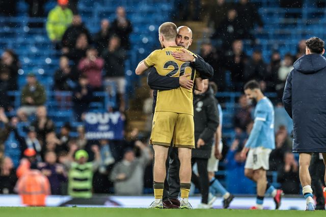 Josep Guardiola manager of Manchester City embraces Adam Wharton of Crystal Palace after the game during the Premier League match Manchester City vs Crystal Palace at Etihad Stadium, Manchester, United Kingdom on 13 May 2026

(Photo by Mark Cosgrove/News Images)