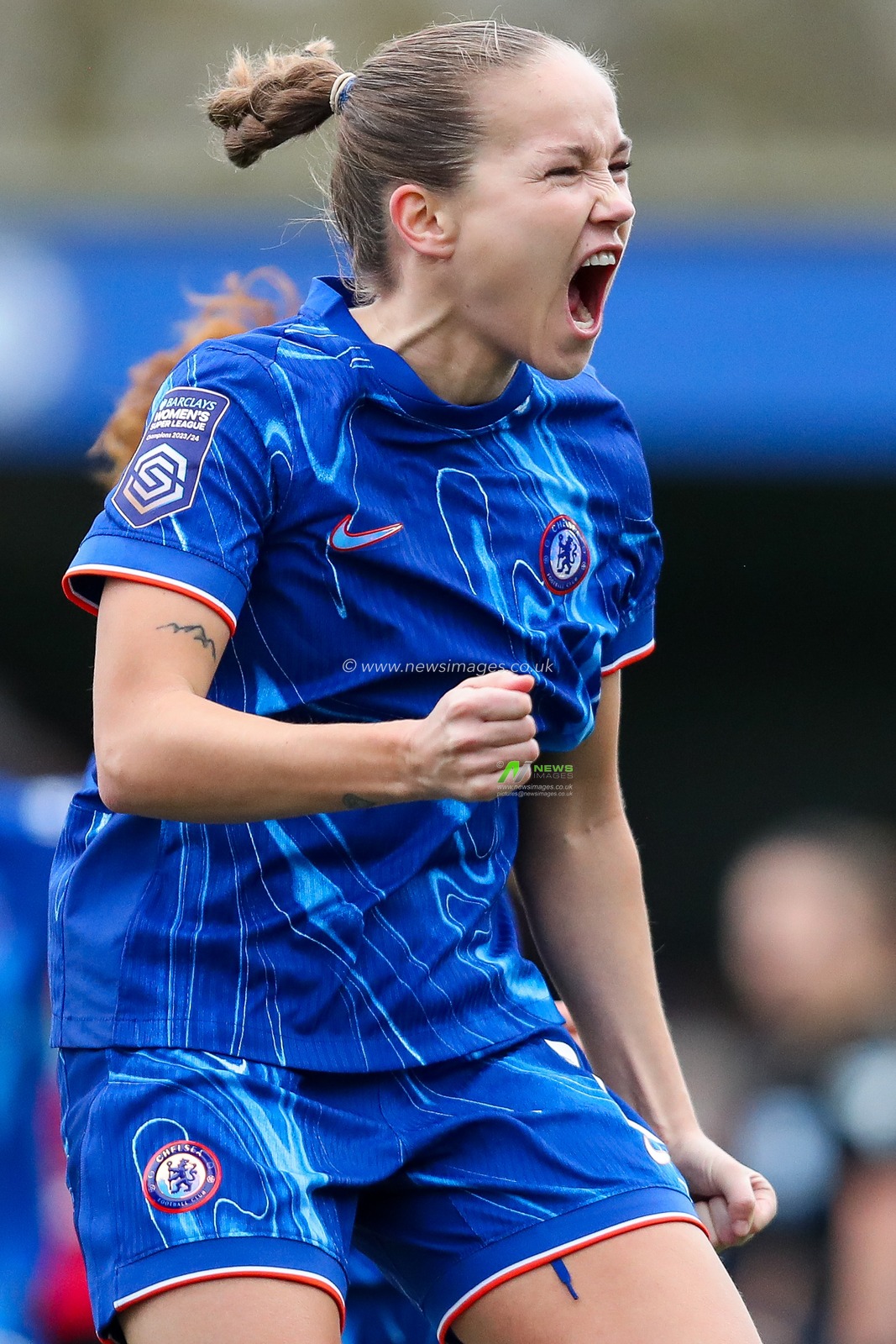 Guro Reiten of Chelsea Women celebrates her goal to make it 1-0 during the Barclays Women's Super League match Chelsea FC Women vs Manchester United Women at Kingsmeadow Stadium, Kingston upon Thames, United Kingdom, 24th November 2024

(Photo by Izzy Poles/News Images)