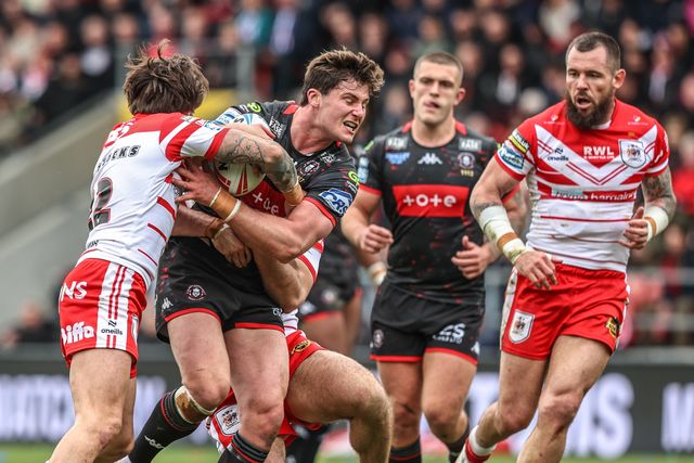 Ethan Havard of Wigan Warriors is tackled by Joe Shorrocks of St Helens during the Betfred Super League round 7 match St Helens vs Wigan Warriors at The BrewDog Stadium, St Helens, United Kingdom on 03 April 2026

(Photo by Alfie Cosgrove/News Images)