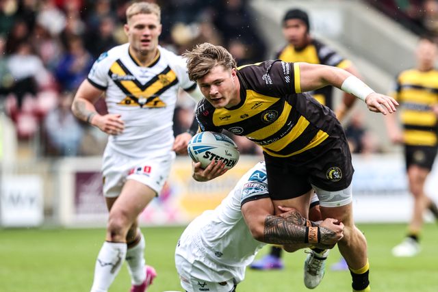 Denive Balmforth of York Knights is tackled during the Betfred Super League round 12 match York Knights vs Castleford Tigers at LNER Community Stadium, York, United Kingdom on 16 May 2026

(Photo by Alfie Cosgrove/News Images)
