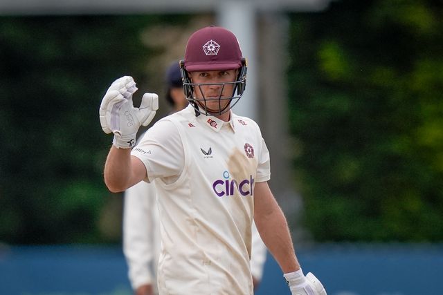 Nathan McSweeney of Northamptonshire celebrates reaching his 50 (half century) during the County Championship Division Two Derbyshire vs Northamptonshire day four match at The Central Co-Op County Ground, Derby, United Kingdom on 11 May 2026

(Photo by Maynard Manyowa/News Images)