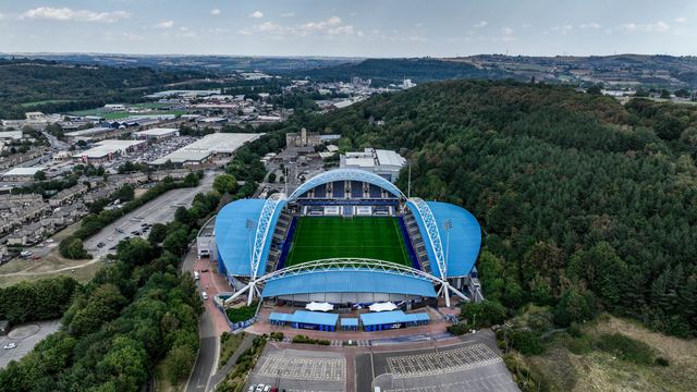 An aerial view of Accu Stadium ahead of the Betfred Super League Round 23 match Huddersfield Giants vs Warrington Wolves at Accu Stadium, Huddersfield, United Kingdom, 24th August 2025

(Photo by Alfie Cosgrove/News Images)