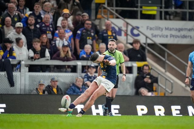 Jake Connor of Leeds Rhinos converts a goal during the Betfred Super League round 9 match Leeds Rhinos vs Catalans Dragons at AMT Headingley Stadium, Leeds, United Kingdom on 24 April 2026

(Photo by Maynard Manyowa/News Images)