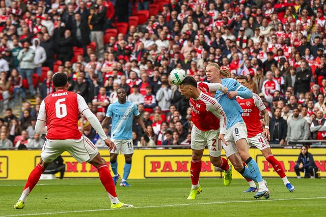 Erling Haaland of Manchester City battles for the ball in the air with Gabriel of Arsenal during the Carabao Cup Final match Arsenal vs Manchester City at Emirates, London, United Kingdom on 22 March 2026

(Photo by Alfie Cosgrove/News Images)