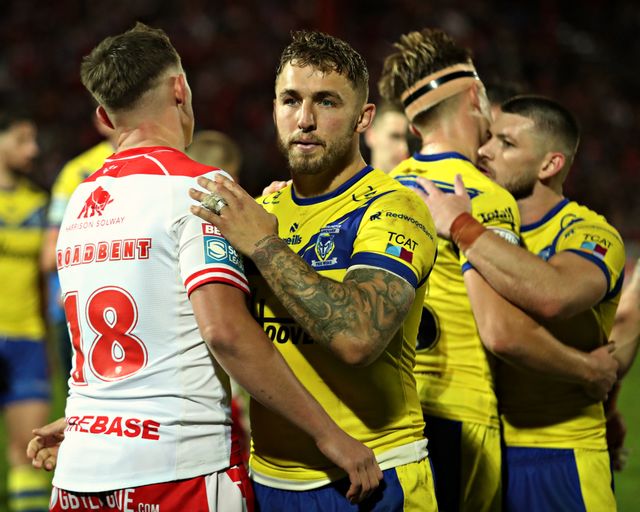 Jack Broadbent of Hull KRand Sam Powell of Warrington Wolves after the Betfred Super League round 27 match Hull KR vs Warrington Wolves at Sewell Group Craven Park, Kingston upon Hull, United Kingdom, 18th September 2025

(Photo by Sam Eaden/News Images)
