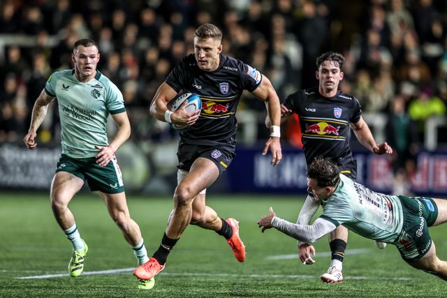 Stefan Coetzee of Newcastle Red Bulls evades a tackle from Will Wand of Leicester Tigers during the Premiership Rugby Cup match Newcastle Red Bulls vs Leicester Tigers at Kingston Park, Newcastle, United Kingdom, 31st October 2025

(Photo by Alfie Cosgrove/News Images)

*** GER AUT SUI OUT ***