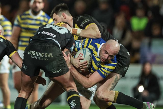 James Harrison of Warrington Wolves is tackled by Paul Vaughan of York Knights during the Betfred Super League Round 4 match York Knights vs Warrington Wolves at LNER Community Stadium, York, United Kingdom on 06 March 2026

(Photo by Mark Cosgrove/News Images)
