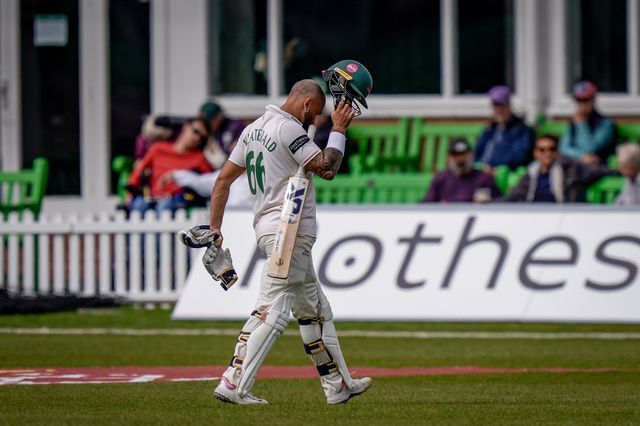 Jake Weatherald walks off after being caught off the bowling of Lyndon Jamesduring the County Championship Division One day 3 Leicestershire vs Nottinghamshire at Grace Road, Leicester, United Kingdom on 03 May 2026

(Photo by Maynard Manyowa/News Images)