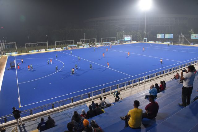 Pepole wach hockey match during 126th Beighton Cup semi final match between India Airforce and Canara Bank in Vivekananda Yuba Bharati Hockey Stadium, Kolkata, India, on November 15, 2025. The score is India Airforce  - 2 and Canara Bank-0.Photo by Debajyoti Chakraborty.
