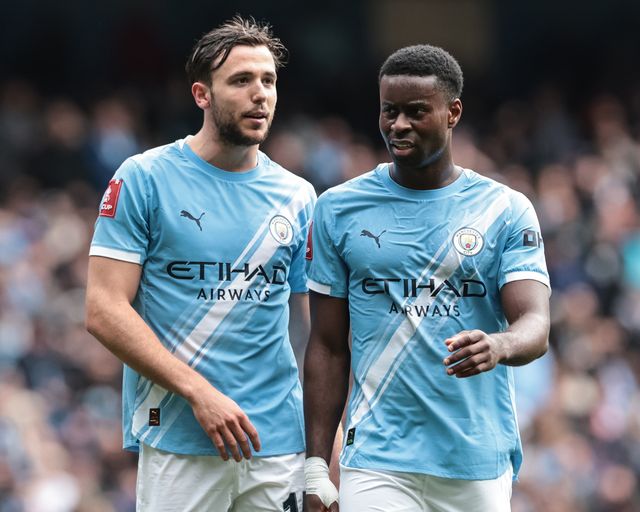 Nico Gonzalez of Manchester City speaks with Marc Guehi of Manchester City during the Emirates FA Cup Quarter-Final match Manchester City vs Liverpool at Etihad Stadium, Manchester, United Kingdom on 04 April 2026

(Photo by Mark Cosgrove/News Images)