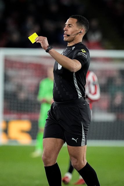Referee Farai Hallam gives a yellow card to  Ryoya Morishita of Blackburn Rovers for dissent during the Sky Bet Championship match Sheffield United vs Blackburn Rovers at Bramall Lane, Sheffield, United Kingdom on 22 April 2026

(Photo by Maynard Manyowa/News Images)