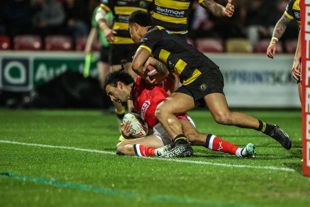 Tyrone May of Hull KR goes over for a try making it 0-4 during the Betfred Super League Round 1 match York Knights vs Hull KR at LNER Community Stadium, Lincoln, United Kingdom on 12 February 2026

(Photo by Alfie Cosgrove/News Images)