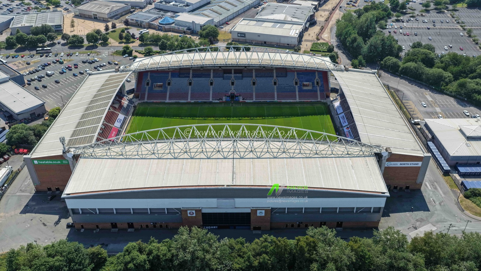 An aerial view of The Brick Community Stadium during the Betfred Super League round 18 match Wigan Warriors vs Warrington Wolves at The Brick Community Stadium, Wigan, United Kingdom on 10 July 2026

(Photo by Mark Cosgrove/News Images)
