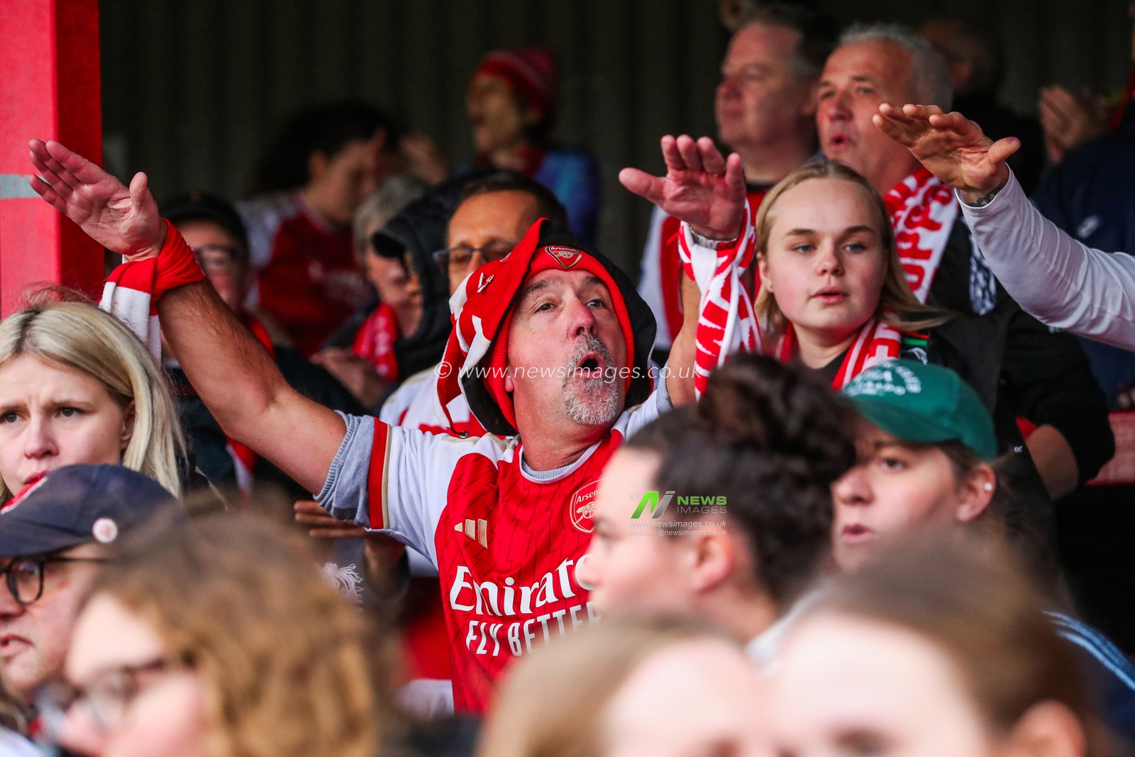 Arsenal fans celebrate the teams victory following the Barclays Women's Super League match West Ham United Women vs Arsenal Women at Chigwell Construction Stadium, Dagenham, United Kingdom, 20th October 2024

(Photo by Izzy Poles/News Images)