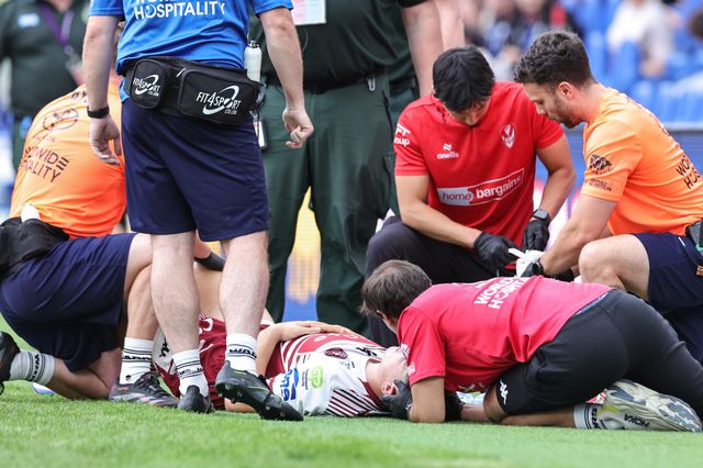 Nathan Lowe of Wigan Warriors receives treatment for a heavy injury during the Betfred Super League Magic Weekend match Wigan Warriors vs St Helens at Hill Dickinson Stadium, Liverpool, United Kingdom on 05 July 2026

(Photo by Mark Cosgrove/News Images)