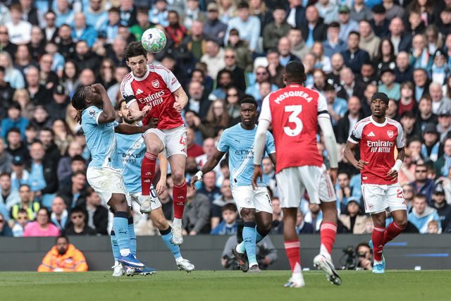Declan Rice of Arsenal heads the ball clear of his defensive area during the Premier League match Manchester City vs Arsenal at Etihad Stadium, Manchester, United Kingdom on 19 April 2026

(Photo by Mark Cosgrove/News Images)
