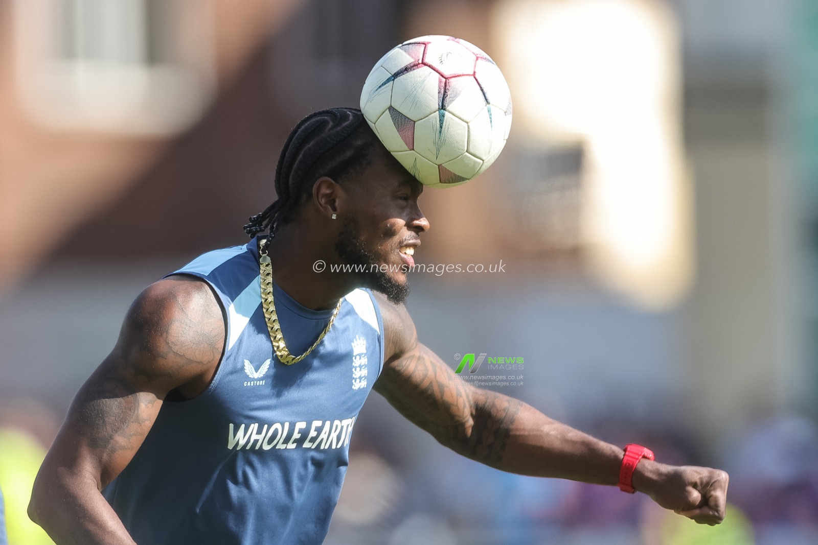 Jofra Archer of England heads a football in the pre-game warm up session during the Third Vitality T20 International match England vs India at Trent Bridge, Nottingham, United Kingdom on 07 July 2026

(Photo by Mark Cosgrove/News Images)