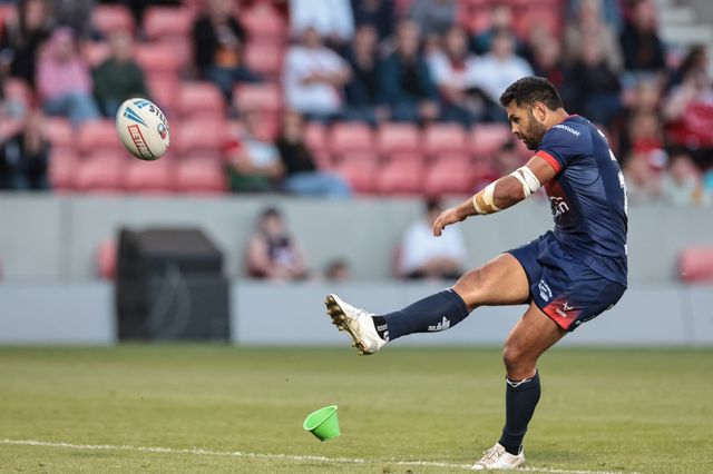 Rhyse Martin of Hull KR converts for a goal during the Betfred Super League Round 20 Salford Red Devils vs Hull KR at Salford Community Stadium, Eccles, United Kingdom, 31st July 2025

(Photo by Mark Cosgrove/News Images)