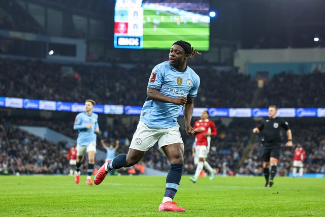 JÃ©rÃ©my Doku of Manchester City celebrates his goal to make it 1-0 during the Emirates FA Cup 3rd Round match Manchester City vs Salford City at Etihad Stadium, Manchester, United Kingdom, 11th January 2025

(Photo by Mark Cosgrove/News Images)