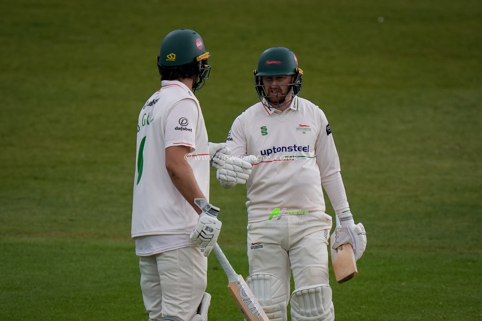 Ben Green congratulates Jonathan Tattersall who celebrates reaching his 50 on his way to scoring 61 during the County Championship Division One day 3 Leicestershire vs Nottinghamshire at Grace Road, Leicester, United Kingdom on 03 May 2026

(Photo by Maynard Manyowa/News Images)
