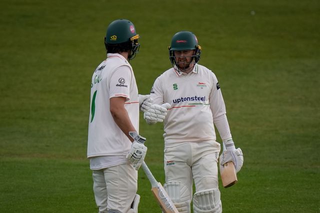 Ben Green congratulates Jonathan Tattersall who celebrates reaching his 50 on his way to scoring 61 during the County Championship Division One day 3 Leicestershire vs Nottinghamshire at Grace Road, Leicester, United Kingdom on 03 May 2026

(Photo by Maynard Manyowa/News Images)