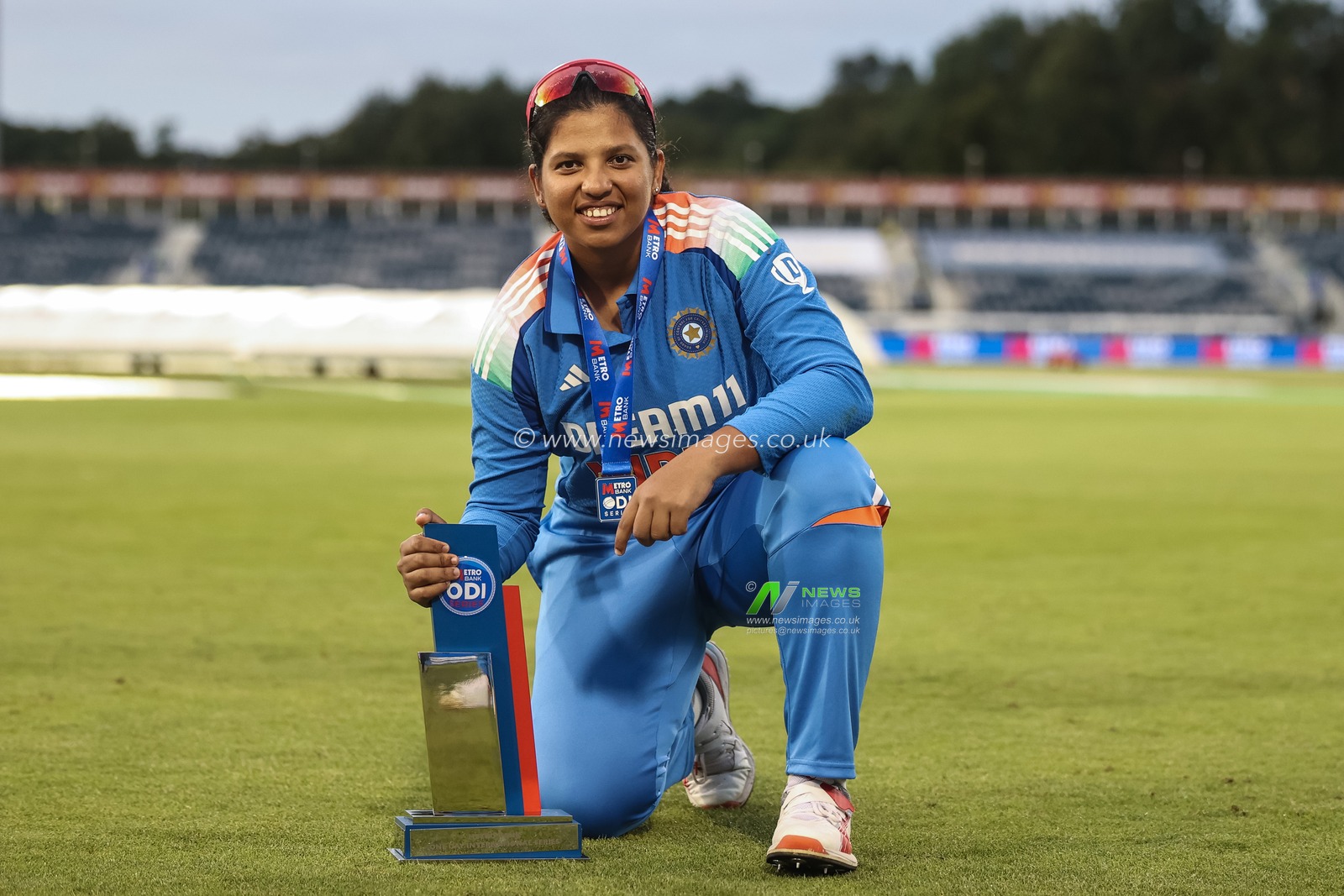 Richa Ghosh of India with the Metro Bank ODI Trophy during the 3rd Metro Bank One Day International England Women vs India Women at Banks Homes Riverside Stadium, Chester-le-street, United Kingdom, 22nd July 2025

(Photo by Alfie Cosgrove/News Images)