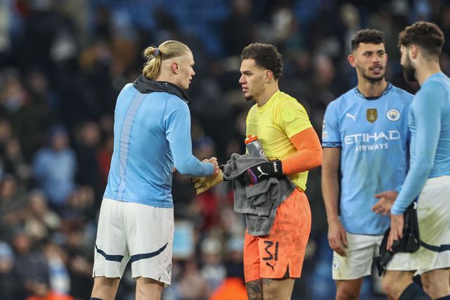 Erling Haaland of Manchester City and Ederson of Manchester City after the game during the UEFA Champions League Matchday 8 of 8 Manchester City vs Club Brugge at Etihad Stadium, Manchester, United Kingdom, 29th January 2025

(Photo by Mark Cosgrove/News Images)