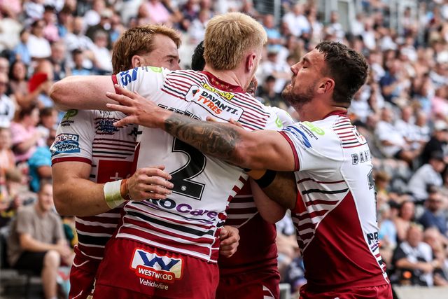 Zach Eckersley of Wigan Warriors celebrates his try during the Betfred Super League round 16 match Hull FC vs Wigan Warriors at MKM Stadium, Hull, United Kingdom on 27 June 2026

(Photo by Alfie Cosgrove/News Images)