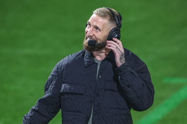 Sam Tomkins, Sky Sports Rugby League presenter during the Betfred Super League play-off Eliminator 1 match Leigh Leopards vs Wakefield Trinity at Progress With Unity Stadium, Leigh, United Kingdom, 26th September 2025

(Photo by Alfie Cosgrove/News Images)