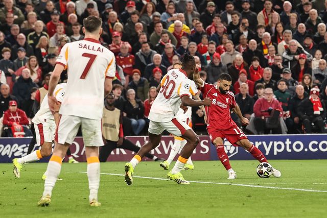 Mohamed Salah of Liverpool scores to make it 4-0 and notches up his 50th Champions League goal during the UEFA Champions League last 16 second leg match Liverpool vs Galatasaray at Anfield, Liverpool, United Kingdom on 18 March 2026

(Photo by Alfie Cosgrove/News Images)