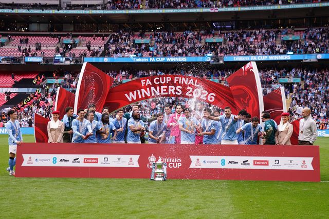 Manchester City celebrate with fa cup trophy during the Emirates FA Cup Final match Chelsea vs Manchester City at Wembley Stadium, London, United Kingdom on 16 May 2026

(Photo by Harvey Murphy/News Images)