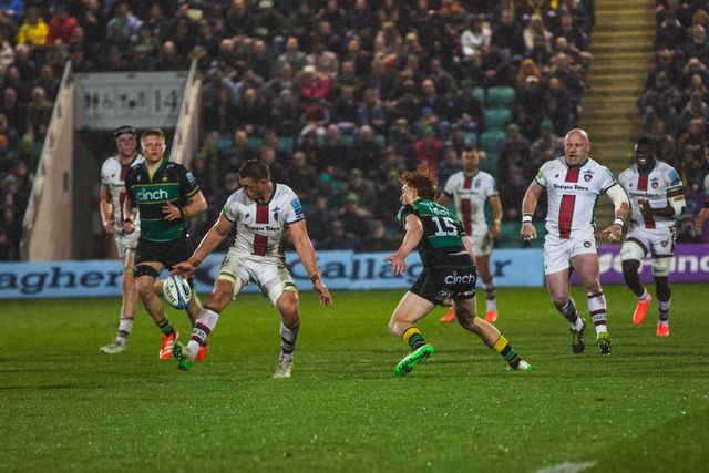 Hanro Liebenberg intercepts a loose pass from George Hendy during the Gallagher Premiership match Northampton Saints vs Leicester Tigers at Cinch Stadium at Franklin's Gardens, Northampton, United Kingdom, 21st March 2025

(Photo by Craig Evans/News Images)