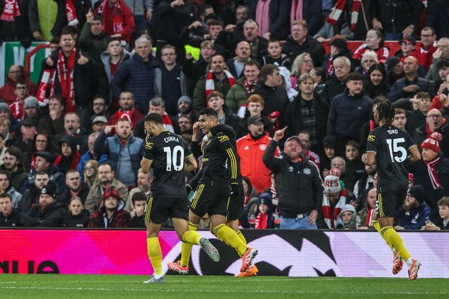 Casemiro of Manchester United celebrates his goal to make it 0-1 during the Premier League match Nottingham Forest vs Manchester United at City Ground, Nottingham, United Kingdom, 1st November 2025

(Photo by Alfie Cosgrove/News Images)

*** GER AUT SUI OUT ***