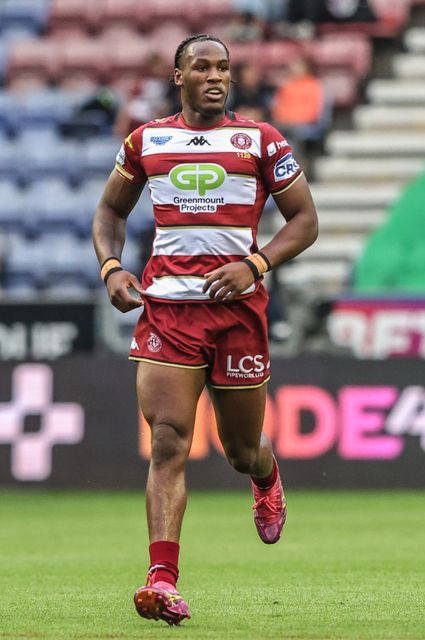 Junior Nsemba of Wigan Warriors during the Betfred Super League round 20 match Wigan Warriors vs Catalans Dragons at The Brick Community Stadium, Wigan, United Kingdom, 25th July 2025

(Photo by Alfie Cosgrove/News Images)