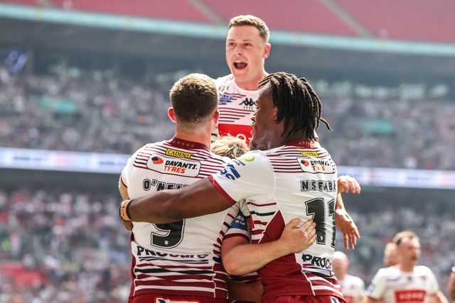 Jack Farrimond of Wigan Warriors celebrates his try during the Betfred Challenge Cup Final match Wigan Warriors vs Hull KR at Wembley Stadium, London, United Kingdom on 30 May 2026

(Photo by Alfie Cosgrove/News Images)