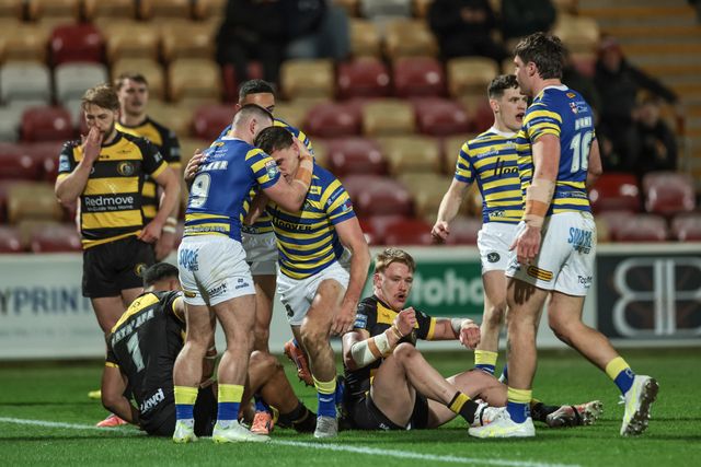 Sam Stone of Warrington Wolves celebrates his try during the Betfred Super League Round 4 match York Knights vs Warrington Wolves at LNER Community Stadium, York, United Kingdom on 06 March 2026

(Photo by Mark Cosgrove/News Images)