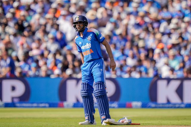 India captain Shubman Gill goes down with a potential injury before retiring hurt during the 1st Metro Bank ODI match England vs India at Edgbaston, Birmingham, United Kingdom on 14 July 2026

(Photo by Maynard Manyowa/News Images)
