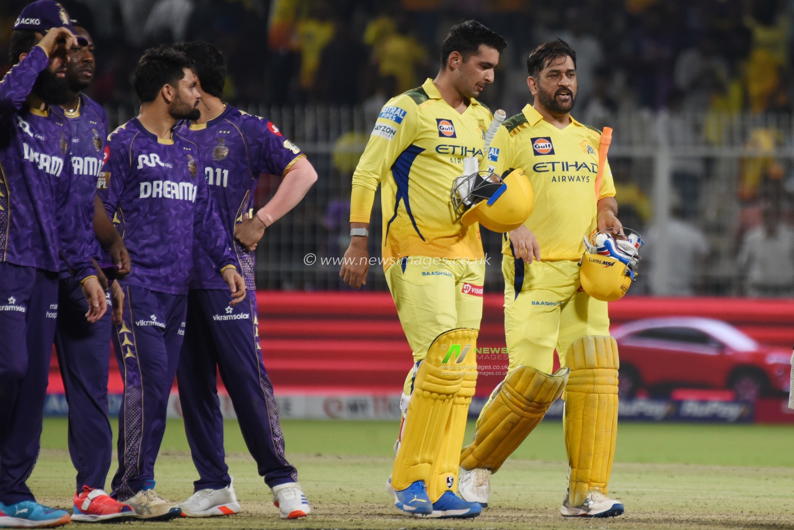 Chennai Super Kings' captain MS Dhoni  with batting partner Anshul Kamboj  celebrate after win the match  during the Indian Premier League cricket match between Kolkata Knight Riders and Chennai Super Kings at Eden Gardens in Kolkata, India, Wednesday, May 7, 2025.Photo by Debajyoti Chakraborty.(Photo: Debajyoti Chakraborty/News Images)