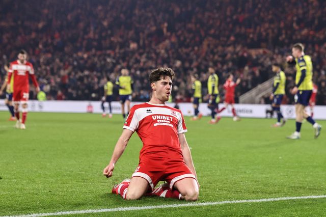Hayden Hackney of Middlesbrough celebrates his goal to make it 1-0 during the Sky Bet Championship match Middlesbrough vs West Bromwich Albion at Riverside Stadium, Middlesbrough, United Kingdom, 21st January 2025

(Photo by Alfie Cosgrove/News Images)